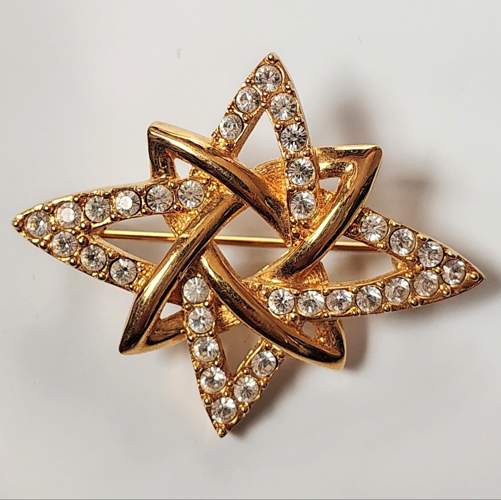 Monet Atomic Star Rhinestone Gold Tone Brooch